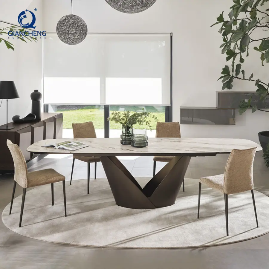 Qiancheng 70.8 Inch Extendable Dining Table Grey Rectangle 12mm Marble Ceramic Top Carbon Steel Frame With Black Powder — view 1