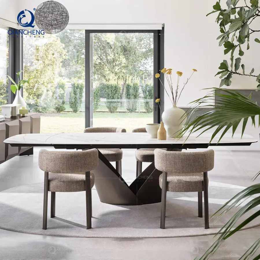 Qiancheng 70.8 Inch Extendable Dining Table Grey Rectangle 12mm Marble Ceramic Top Carbon Steel Frame With Black Powder Coating — image 3