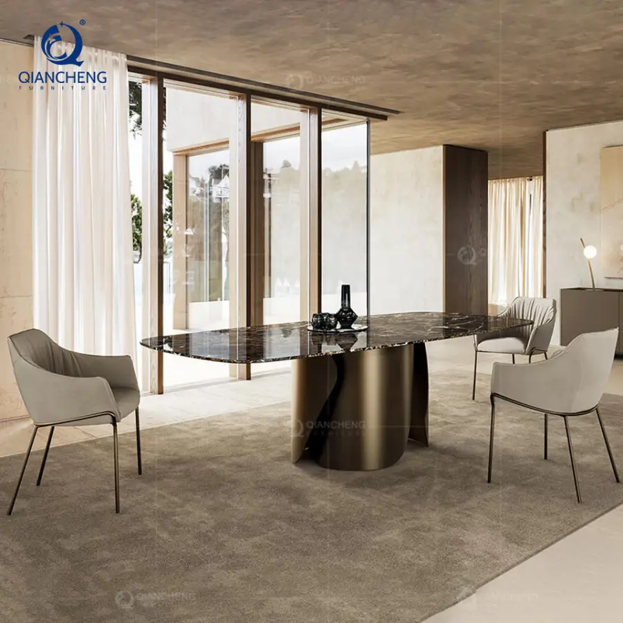 Nordic Space Saving Modern Furniture Extendable Sintered Stone Slate Top Dining Table 6 Chair Set Metal Frame Hotel Livi — view 1