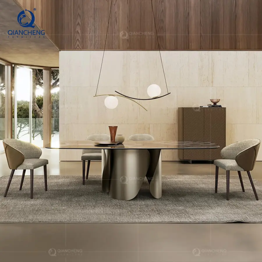 Nordic Space Saving Modern Furniture Extendable Sintered Stone Slate Top Dining Table 6 Chair Set Metal Frame Hotel Living Room — image 3