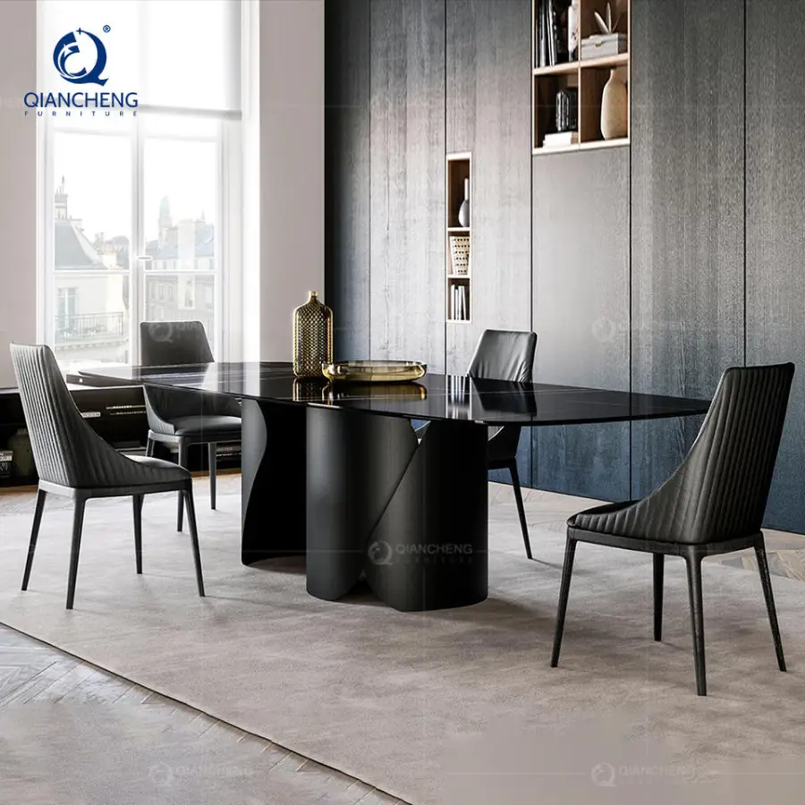 Nordic Space Saving Modern Furniture Extendable Sintered Stone Slate Top Dining Table 6 Chair Set Metal Frame Hotel Living Room — image 4