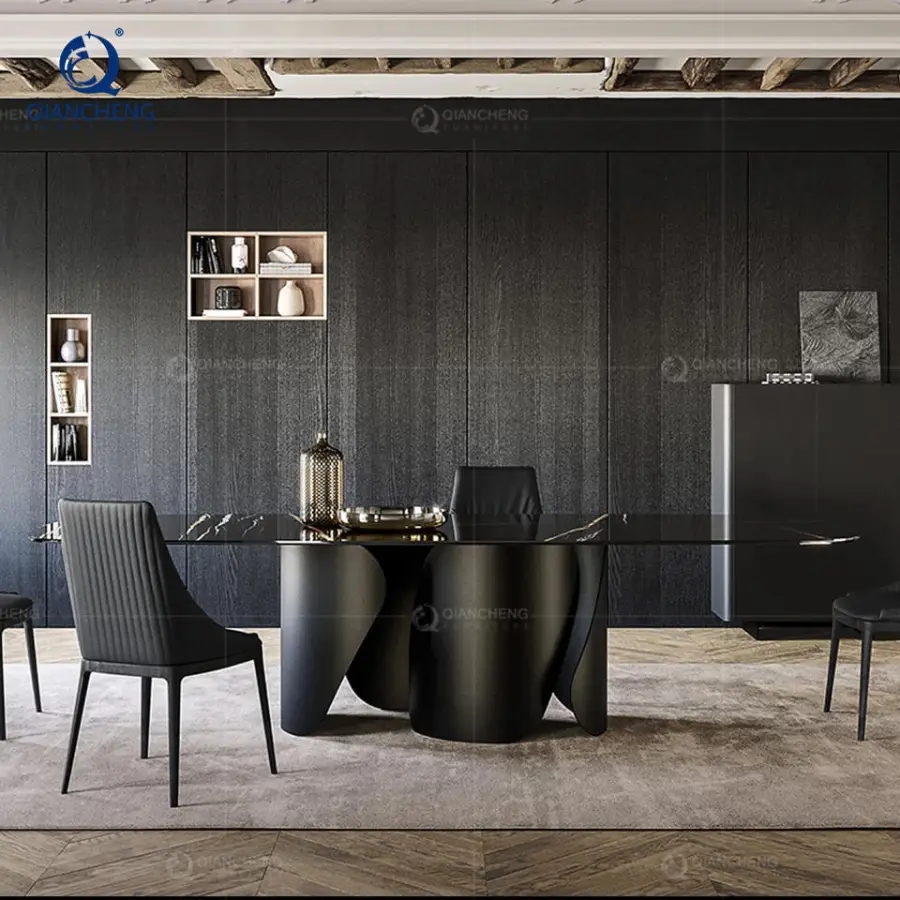 Nordic Space Saving Modern Furniture Extendable Sintered Stone Slate Top Dining Table 6 Chair Set Metal Frame Hotel Living Room — image 5