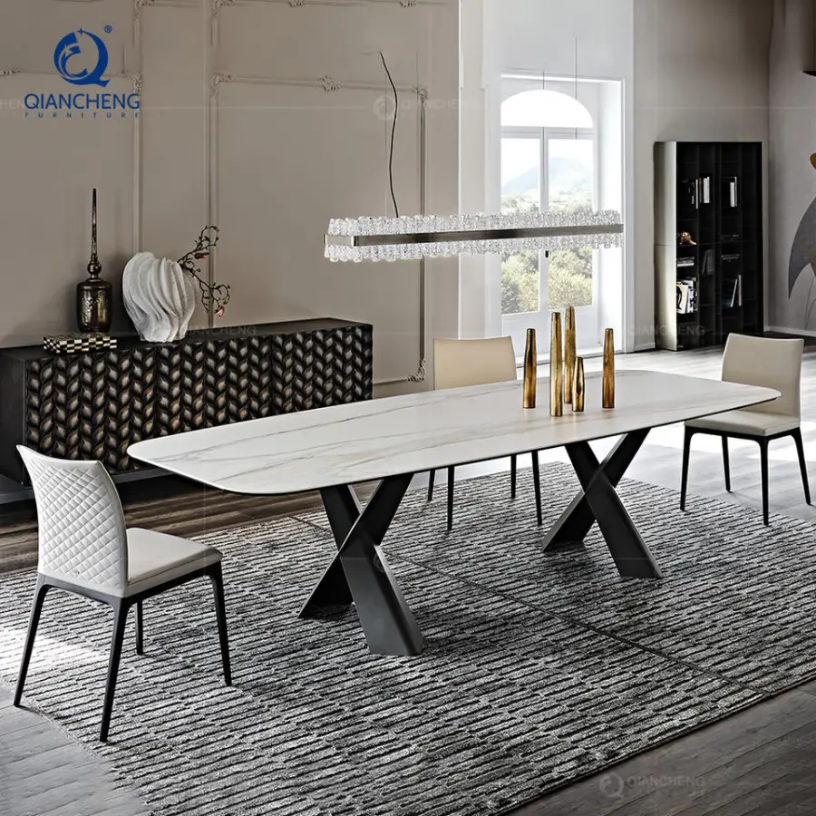 Customizable Size Extendable Dining Table for the Cafe Restaurant Sintered Stone Top and Metal Base Folding Table and 12 Chair — image 3