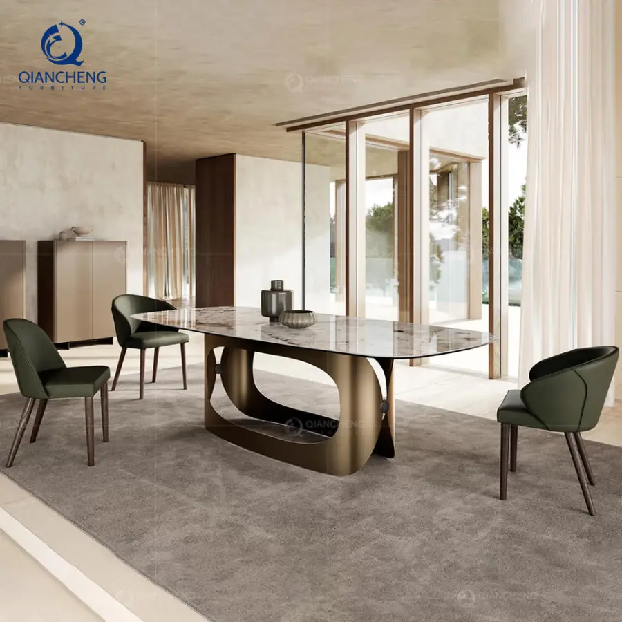 Qiancheng Marble Telescopic Folding and Extendable Stainless Steel Dining Table Set 6 Seater With 4 Chair Made in Foshan — view 1