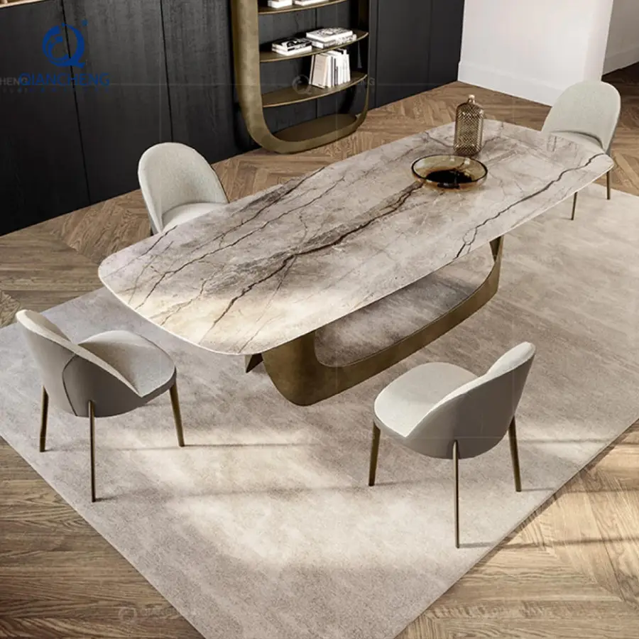 Qiancheng Marble Telescopic Folding and Extendable Stainless Steel Dining Table Set 6 Seater With 4 Chair Made in Foshan China — image 4