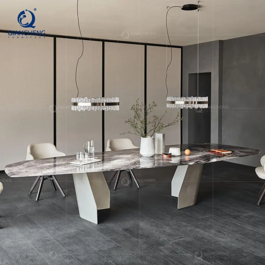 Marble Quartz Effect Extendable Dining Table 12 Seat Space Saving Furniture for Small Apartment Iron Dining Table Kitche — view 1