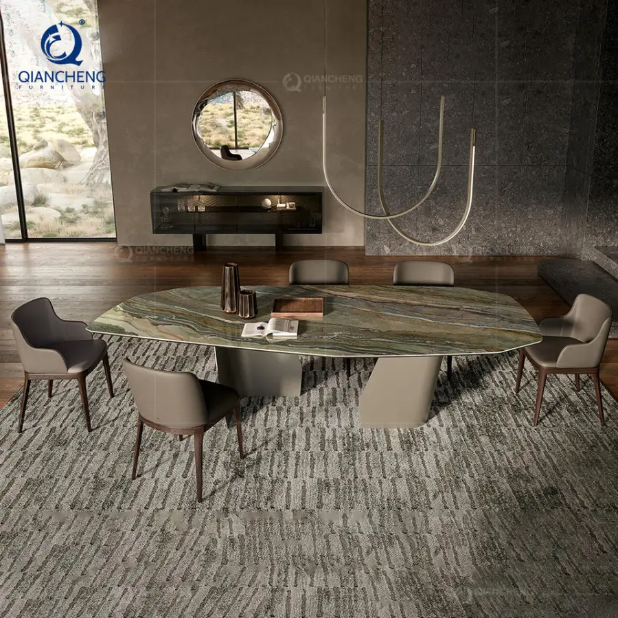 Marble Quartz Effect Extendable Dining Table 12 Seat Space Saving Furniture for Small Apartment Iron Dining Table Kitchen Island — image 3