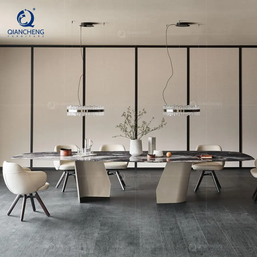 Marble Quartz Effect Extendable Dining Table 12 Seat Space Saving Furniture for Small Apartment Iron Dining Table Kitchen Island — image 4