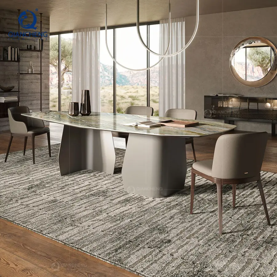 Marble Quartz Effect Extendable Dining Table 12 Seat Space Saving Furniture for Small Apartment Iron Dining Table Kitchen Island — image 5