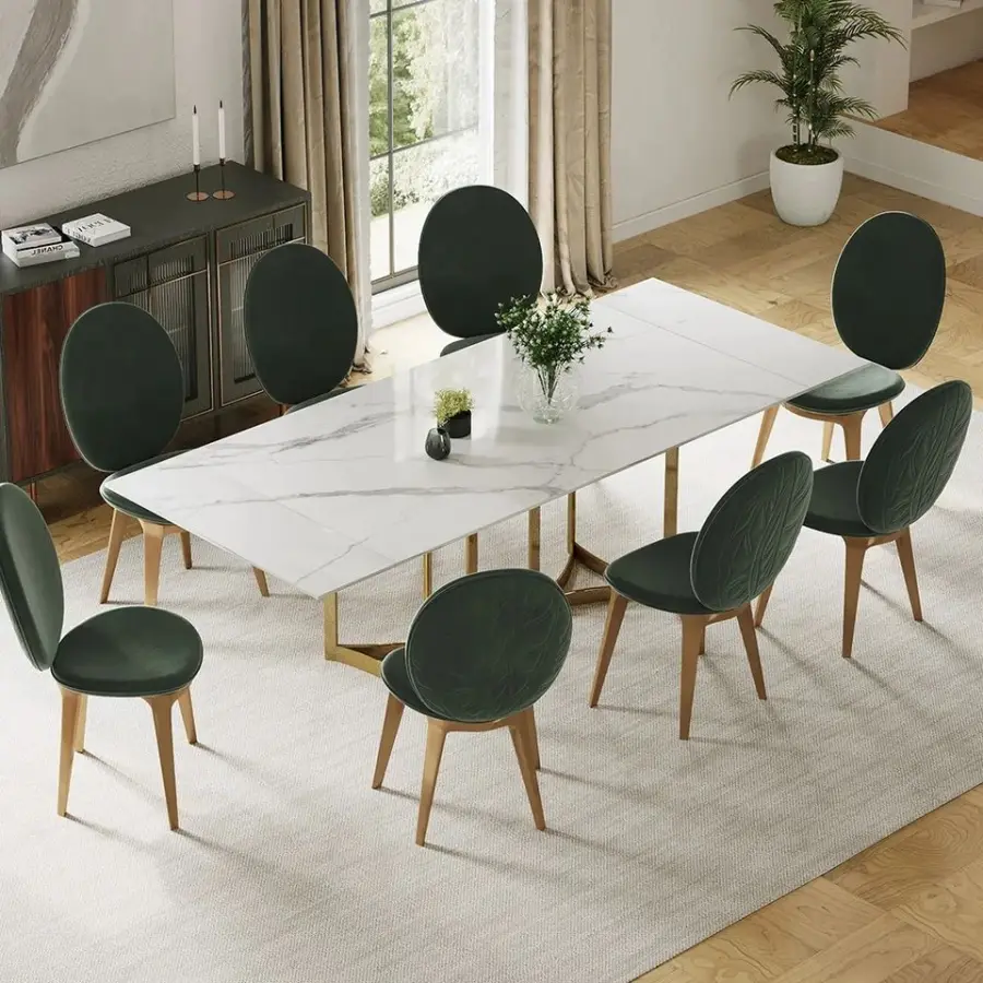 Modern Dining Table Stainless Steel Base with Rock Slab Top Dining Table with Marble Surface Wholesale Expanding Dining — view 1