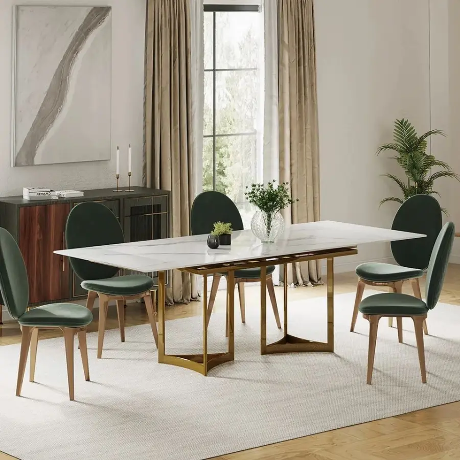 Modern Dining Table Stainless Steel Base with Rock Slab Top Dining Table with Marble Surface Wholesale Expanding Dining Table — image 3