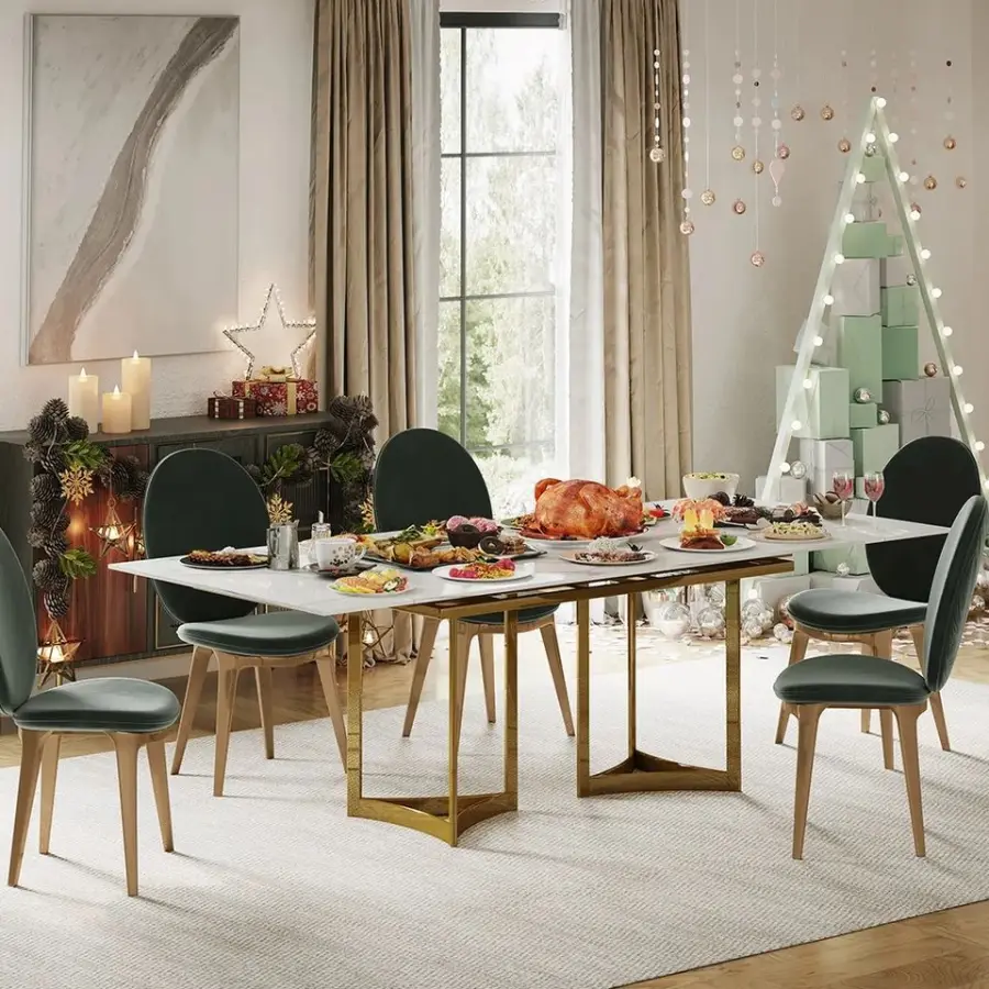 Modern Dining Table Stainless Steel Base with Rock Slab Top Dining Table with Marble Surface Wholesale Expanding Dining Table — image 5