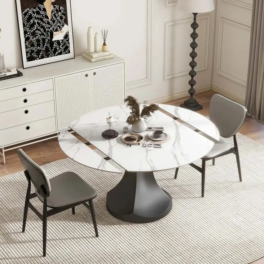 Modern Ultra-Thin Round Dining Table Multifunctional with Marble Top Extendable Drop Leaf for Small Spaces — view 1