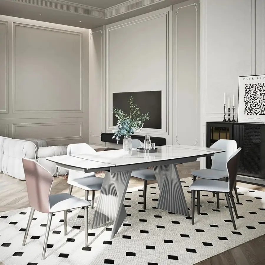 Foshan Factory Furniture High Gloss Extending Dining Table Set Tavolo Da Pranzo Allungabile Mesas Extensibles De Comedor — image 4