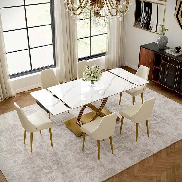 Luxury Modern Expandable Dinning Room Table Set Retractable Kitchen Furniture Sintered Stone Marble Top Extending Dining — view 1