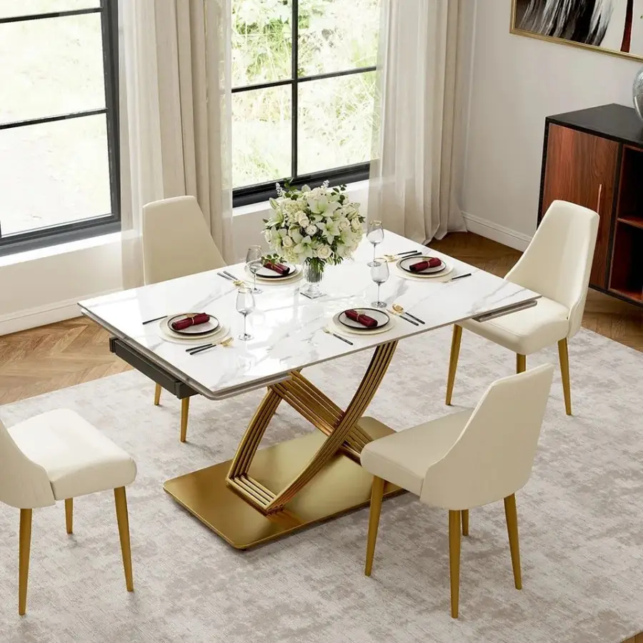 Luxury Modern Expandable Dinning Room Table Set Retractable Kitchen Furniture Sintered Stone Marble Top Extending Dining Table — image 3