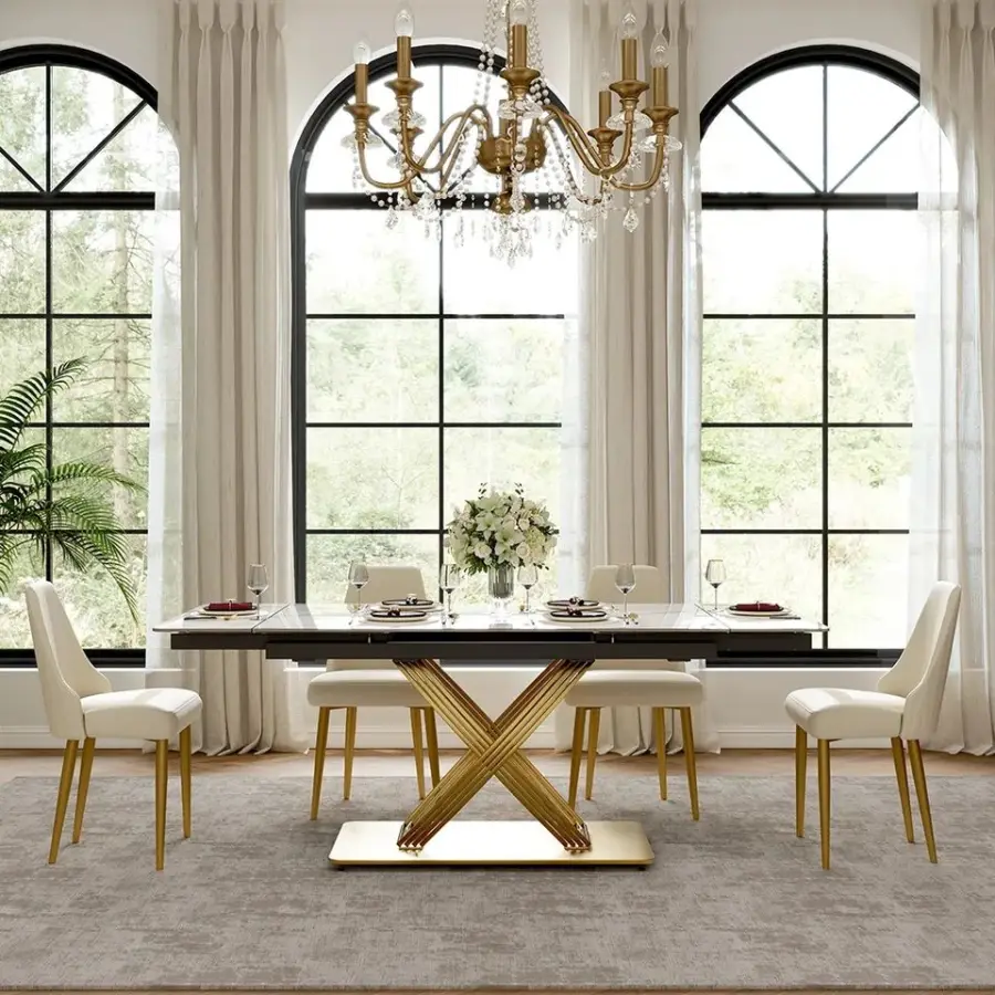 Luxury Modern Expandable Dinning Room Table Set Retractable Kitchen Furniture Sintered Stone Marble Top Extending Dining Table — image 5