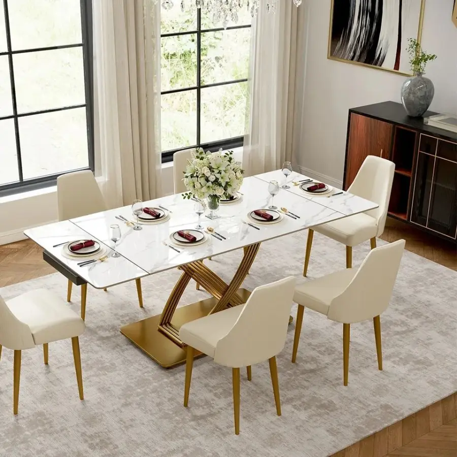 Luxury Modern Expandable Dinning Room Table Set Retractable Kitchen Furniture Sintered Stone Marble Top Extending Dining Table — image 6