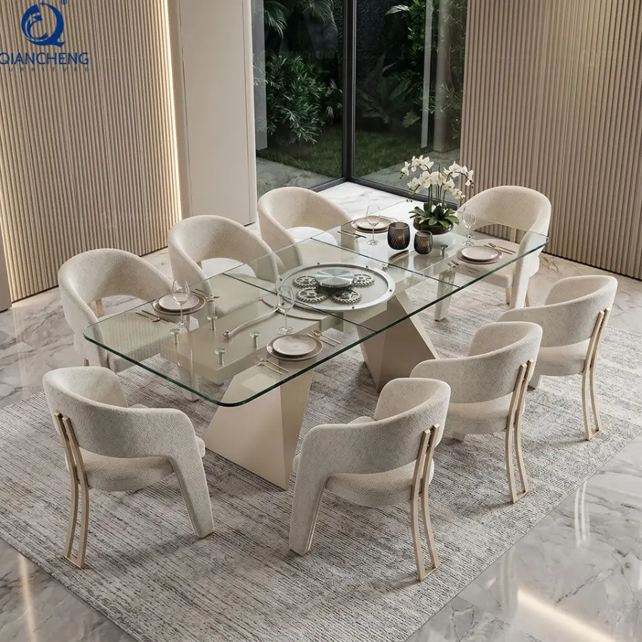 Factory Direct 6-8 Seater Extendable Glass Dining Table Electric Gear Turntable 201 Stainless Steel Base OEM ODM — view 1