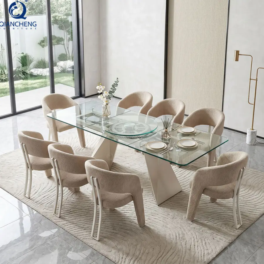 Factory Direct 6-8 Seater Extendable Glass Dining Table Electric Gear Turntable 201 Stainless Steel Base OEM ODM — image 4
