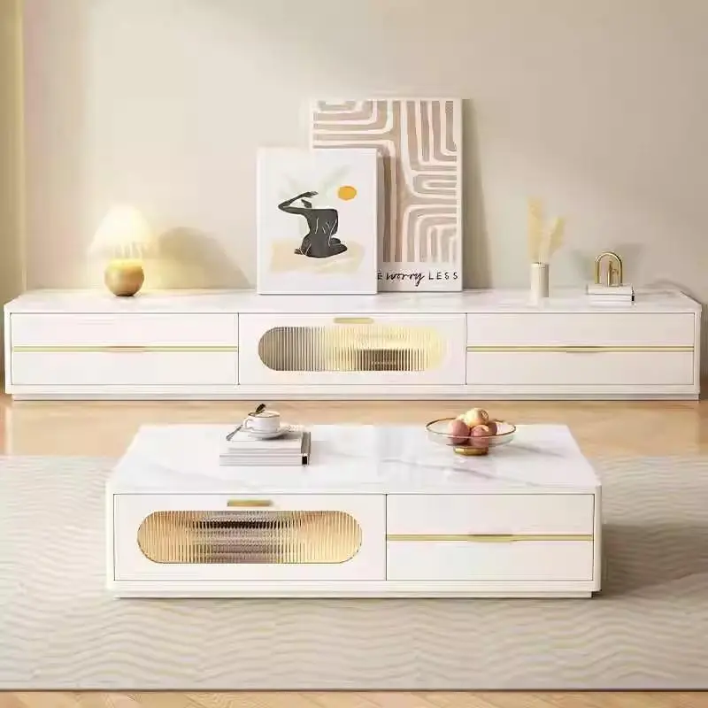 Rock Slab Coffee Table TV Cabinet Combination Modern Simple Small Apartment Living Room Home Glass Storage Floor Cabinet — view 1