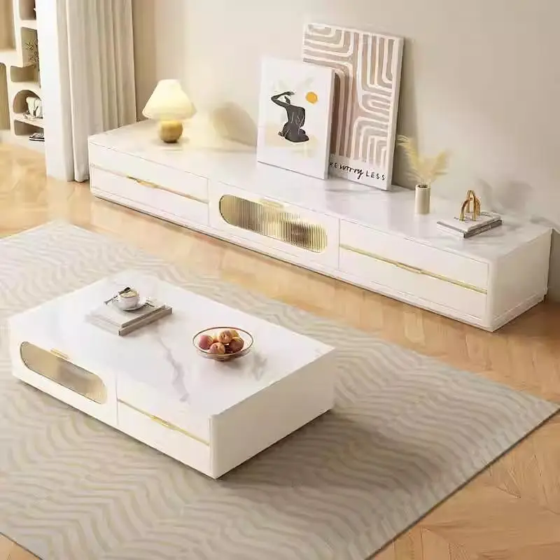 Rock Slab Coffee Table TV Cabinet Combination Modern Simple Small Apartment Living Room Home Glass Storage Floor Cabinet — image 4