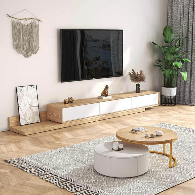 TV Cabinet and Coffee Table Set, Modern and Simple, Light Luxury, Small Apartment, Wooden Color, Extendable TV Table — image 3