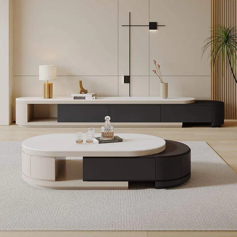 Luxury Cream Style Telescopic Stone Tea Table TV Cabinet All-in-one Modern Simple Living Room Large and Small Tea Table — image 3