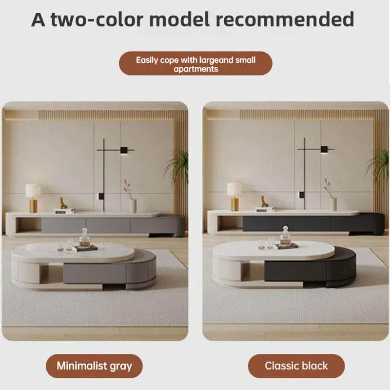 Luxury Cream Style Telescopic Stone Tea Table TV Cabinet All-in-one Modern Simple Living Room Large and Small Tea Table — image 5