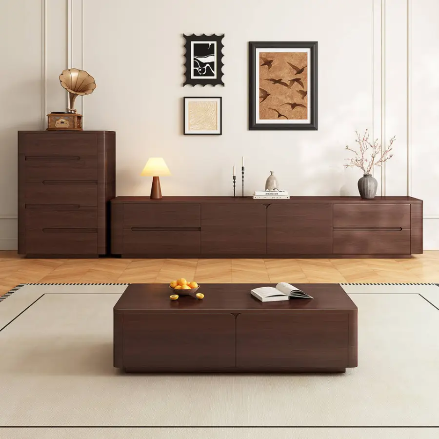 Manufacturer Wholesale Retro Design Walnut Color Floor-Standing Storage Wooden TV Cabinet Living Room Furniture TV Stand — view 1