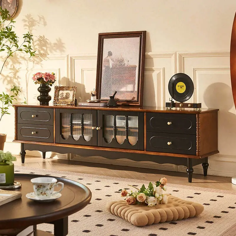 French-style Retro Solid Wood TV Cabinet, American-style Living Room Double-layer Floor-standing TV Cabinet — view 1