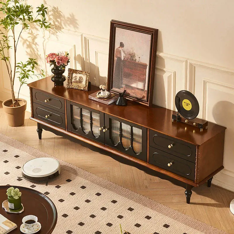 French-style Retro Solid Wood TV Cabinet, American-style Living Room Double-layer Floor-standing TV Cabinet — image 3