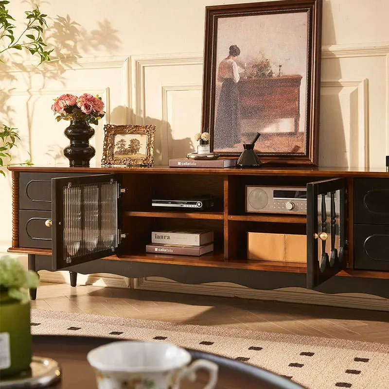 French-style Retro Solid Wood TV Cabinet, American-style Living Room Double-layer Floor-standing TV Cabinet — image 4