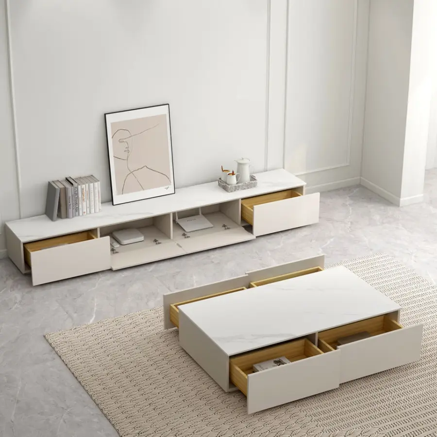 Cream Style Solid Wood TV Cabinet and Coffee Table Set, Light Luxury Living Room White Home Small Apartment Floor TV Cabinet — image 3