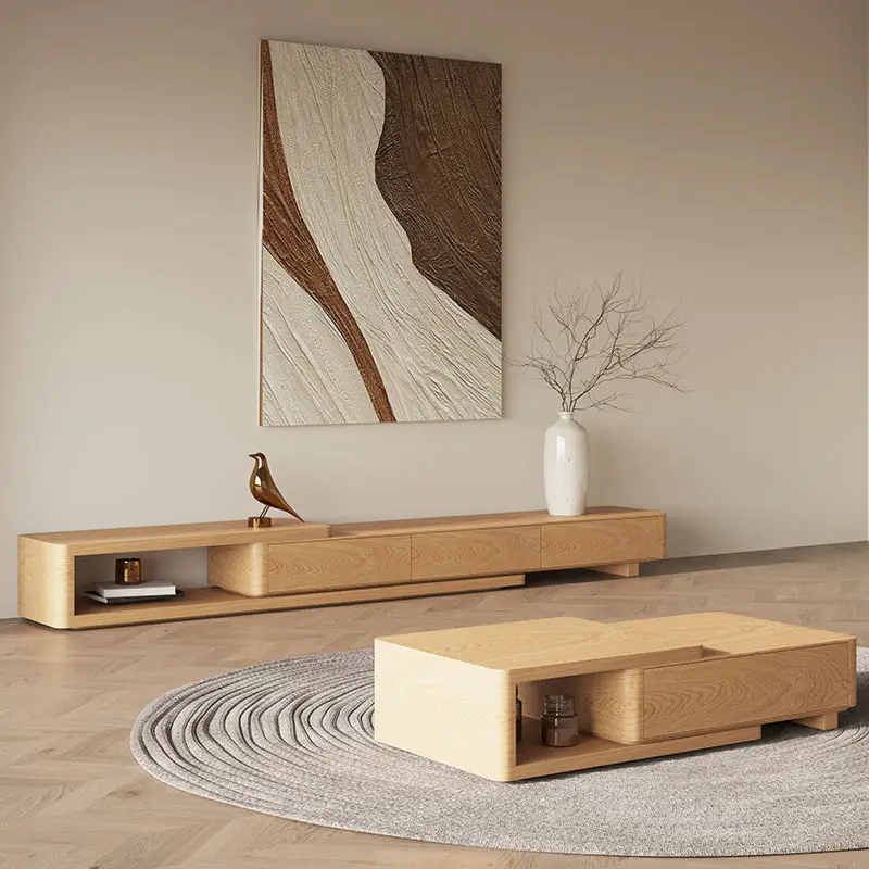 Living Room New TV Cabinet Extendable Coffee Table Set Natural Wood Style Modern Minimalist TV Cabinet for Small Spaces — image 3