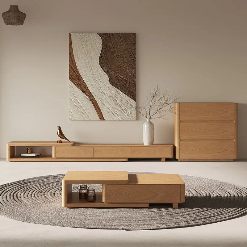 Living Room New TV Cabinet Extendable Coffee Table Set Natural Wood Style Modern Minimalist TV Cabinet for Small Spaces — image 4