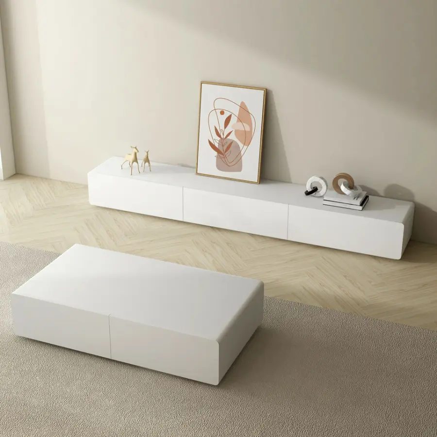 Modern Minimalist Solid Wood TV Cabinet Floor-standing TV Cabinet Coffee Table Set for Small Spaces High Solid Wood Whit — view 1
