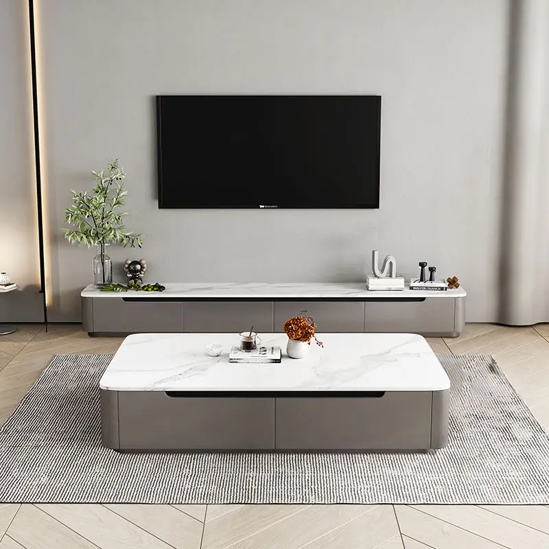 Solid Wood TV Cabinet Coffee Table Set Light Luxury Italian Minimalist Modern Simple New Style Rock Slab Storage Floor C — view 1