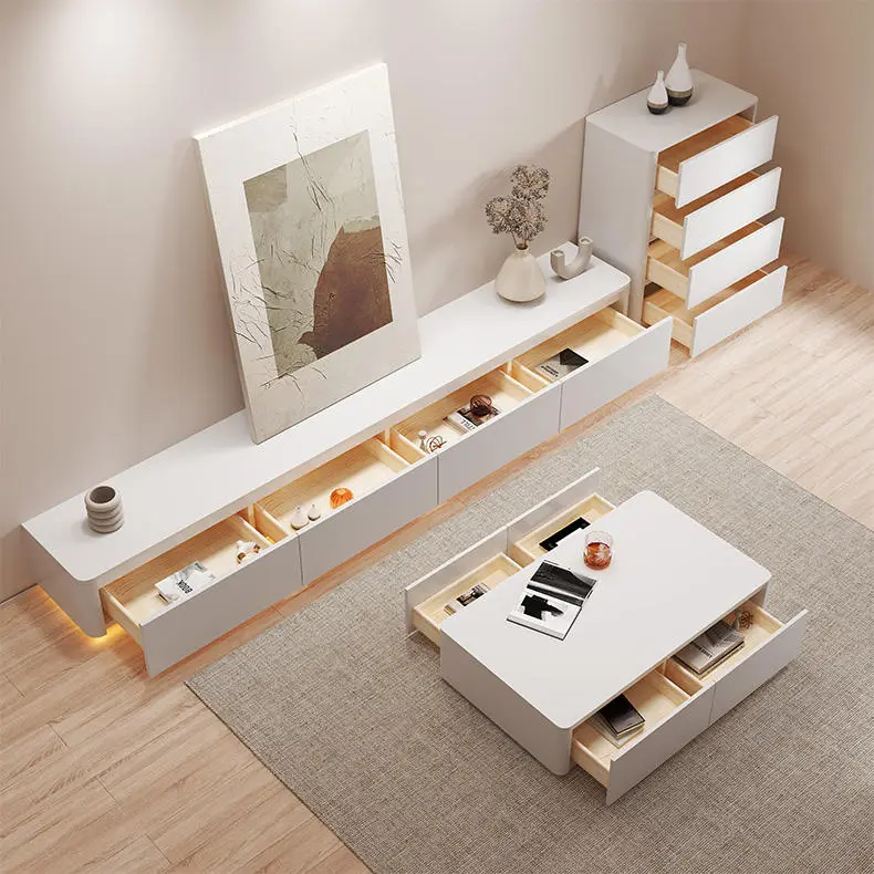 Factory Direct Simple Modern Solid Wood TV Cabinet High Floor Cabinet White Living Room Home TV Cabinet Coffee Table — image 4
