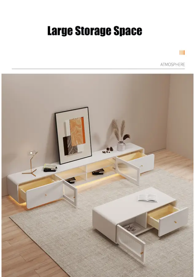 LatestdesignSolid Wood TV Cabinet Modern Simple Living Room Floor Cabinet Small Apartment Light Luxury Cream Style Coffee Table — image 5