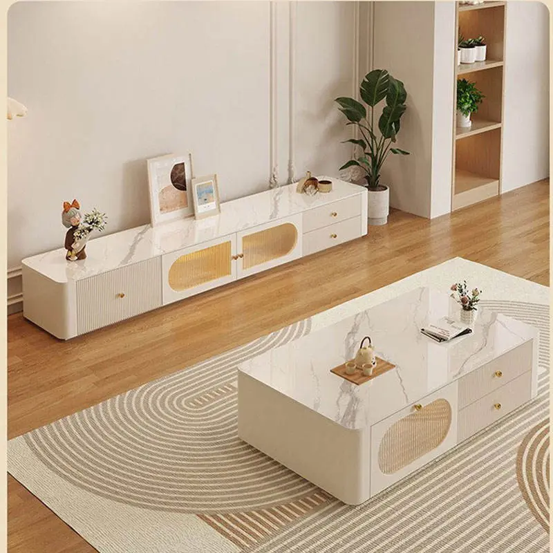 Rock Slab Coffee Table TV Cabinet Living Room Light Luxury Home Cream Style Simple Modern Small Apartment New TV Set Com — view 1