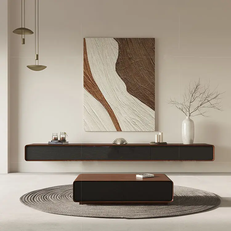 Black TV Cabinet Coffee Table Set Nordic Solid Wood Living Room Home Modern J Simple 2025 New Small Apartment — image 3