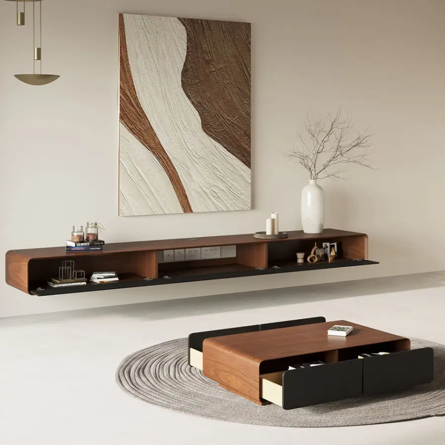 Black TV Cabinet Coffee Table Set Nordic Solid Wood Living Room Home Modern J Simple 2025 New Small Apartment — image 4