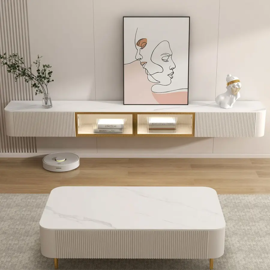 Living Room New TV Cabinet Extendable Coffee Table Set Natural Wood Style Modern Minimalist TV Cabinet for Small Spaces — view 1