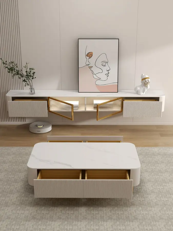 Living Room New TV Cabinet Extendable Coffee Table Set Natural Wood Style Modern Minimalist TV Cabinet for Small Spaces — image 5