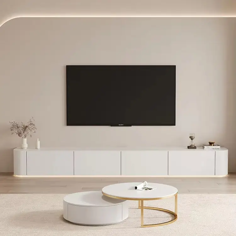 Television cabinet with LED lights, modern and simple coffee table set for living room, solid wood television stand — view 1