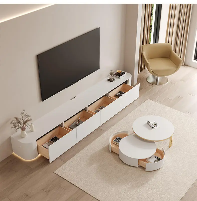 Television cabinet with LED lights, modern and simple coffee table set for living room, solid wood television stand — image 4