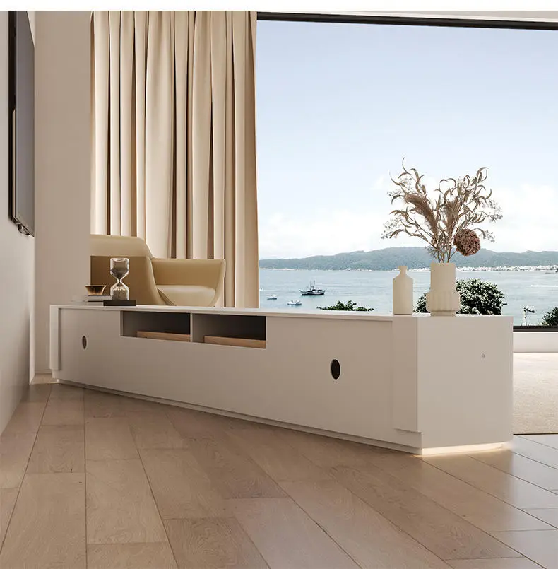 Television cabinet with LED lights, modern and simple coffee table set for living room, solid wood television stand — image 5