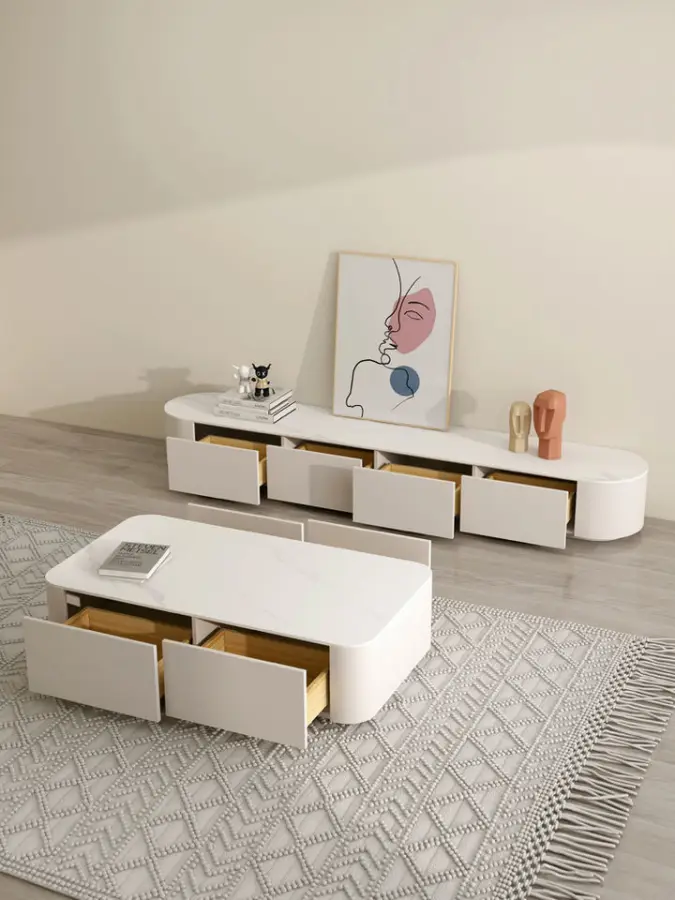Simple Small Apartment TV Cabinet Coffee Table Set Living Room New Floor-Standing Full Set Nordic Cream Style TV Cabinet — image 5