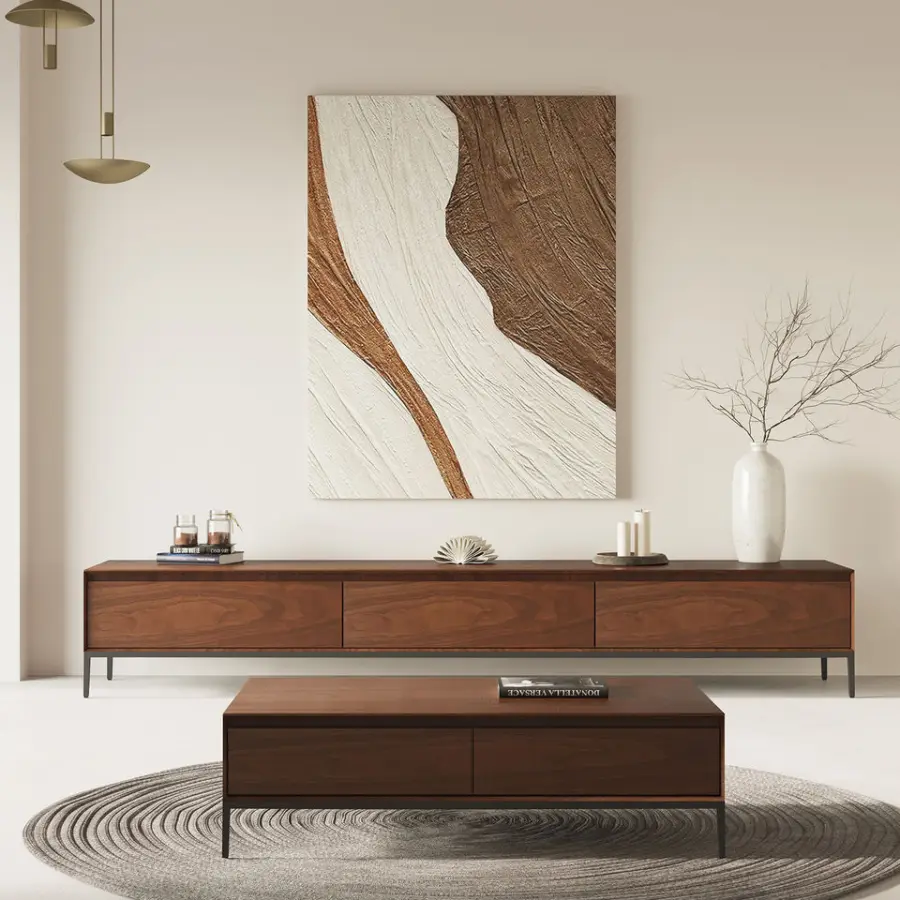 Simple Modern TV Cabinet Coffee Table Set Nordic Living Room Walnut Color Home Use Large and Small Sizes Slate TV Cabine — view 1
